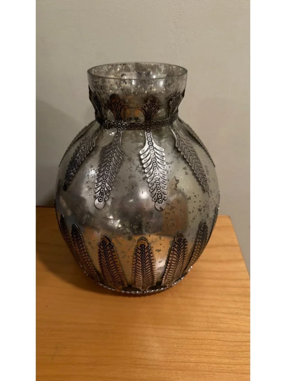 Pottery Barn Madeline Mercury Glass Vase, Metal Filigree Feather Overlay, Large